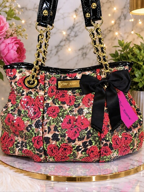 Betsey Johnson Sequined Pleated Tote Black Floral Hobo Handbag Purse Colorful main image 1